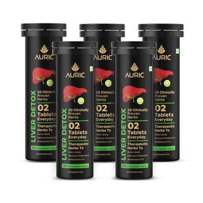 Auric Liver Detox Supplement | 100 Tablets Fizzy Water with 10 Ayurvedic Herbs | Clinically Researched Therapeutic Ingredients | Drop, Dissolve, Fizz, Drink