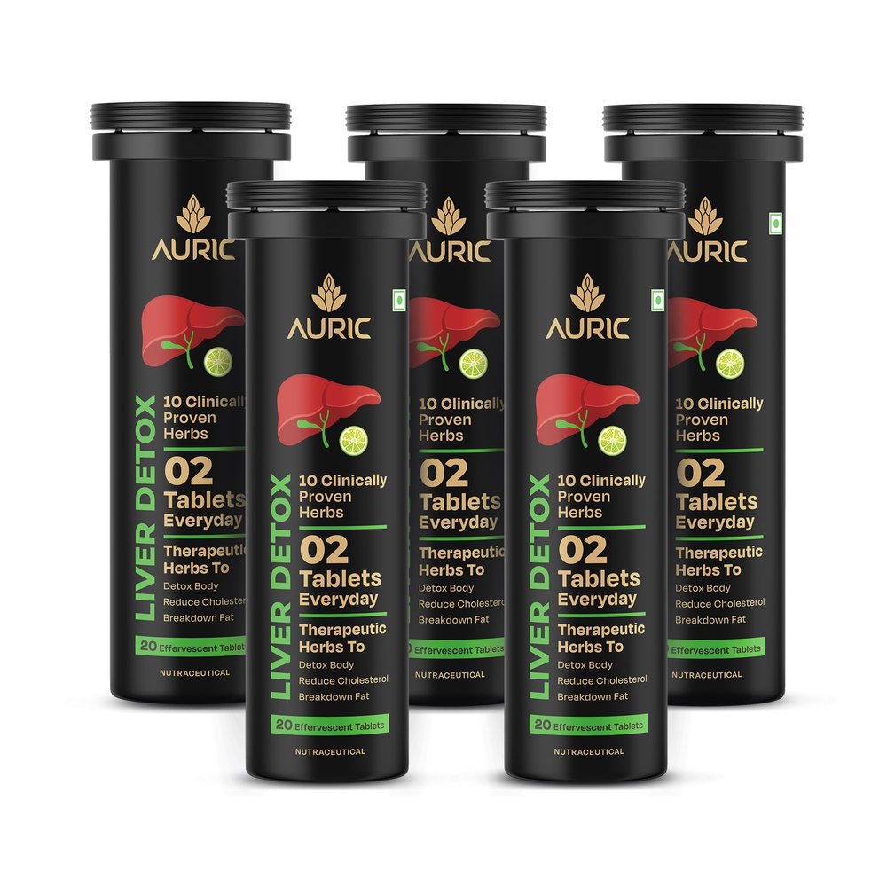 Auric Liver Detox Supplement | 100 Tablets Fizzy Water with 10 Ayurvedic Herbs | Clinically Researched Therapeutic Ingredients | Drop, Dissolve, Fizz, Drink