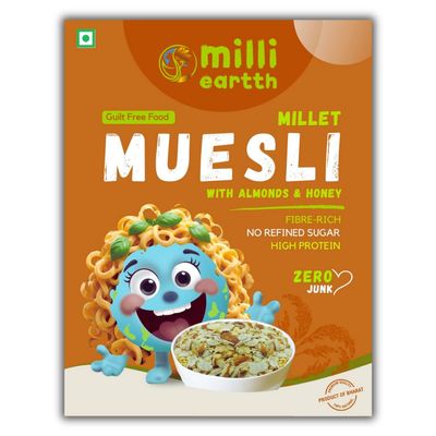 Milliearth Millet Muesli with Almond & Honey | Preservative-Free & Gluten-Free | High Protein, Fiber-Rich Breakfast | No Refined Sugar | No Palm Oil | Enriched with Ragi, Quinoa, Barnyard & Almonds | 350g (Pack of 1)