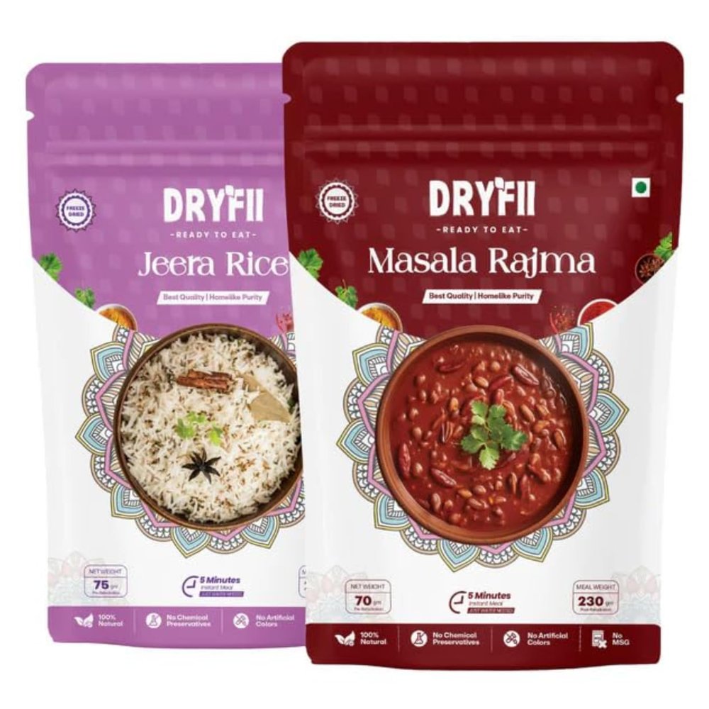 Dryfii Ready-to-Eat Instant | Masala Rajma & Jeera Rice | Pure Veg | Freeze Dried | Rehydrated Weight 455 g