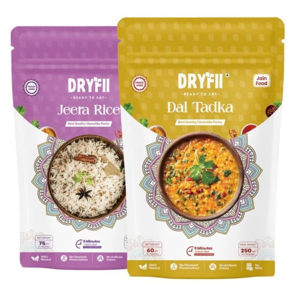 Dryfii Ready-to-Eat Instant | Jain Dal Tadka & Jeera Rice | Pure Veg | Freeze Dried | No Onion, No Garlic | Rehydrated Weight 475 g