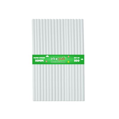 EKOPAK [10 mm, 100 Count] Biodegradable Paper Straws | Eco-Friendly Compostable Sustainable Disposable Drinking Straws | Cocktail Cold Drink Juice Non-Bendable White Straws (Regular)