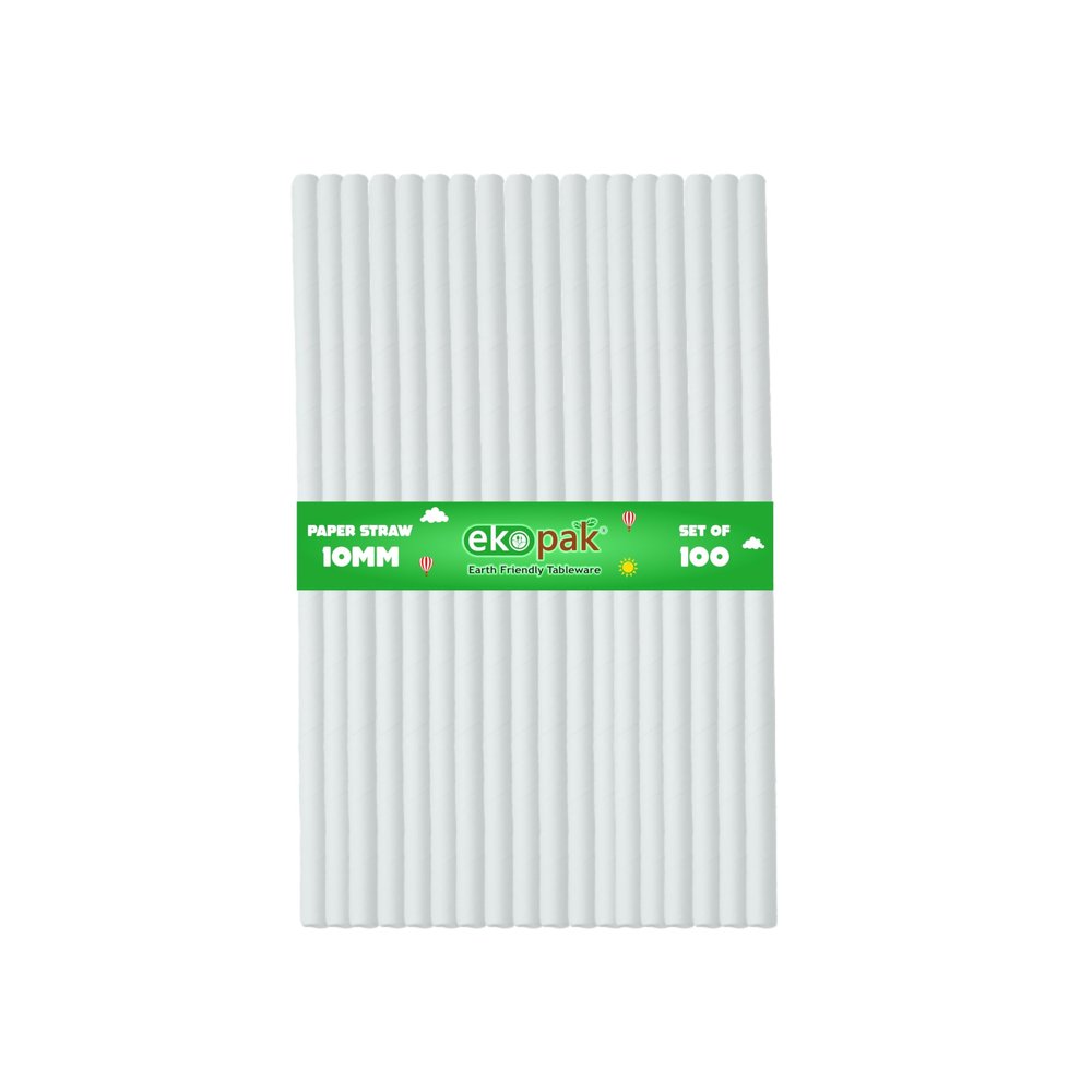 EKOPAK [10 mm, 100 Count] Biodegradable Paper Straws | Eco-Friendly Compostable Sustainable Disposable Drinking Straws | Cocktail Cold Drink Juice Non-Bendable White Straws (Regular)