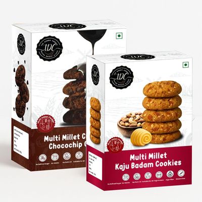 THE DOUGH CORNER Multi Millet Choco-Chip & Kaju Badam Cookies Combo | High Protein, Jaggery-Sweetened | No Maida, No Palm Oil, No Refined Sugar | Rich in Fiber | Gluten-Free Superfood Snack Pack of 2, 200Gm Each