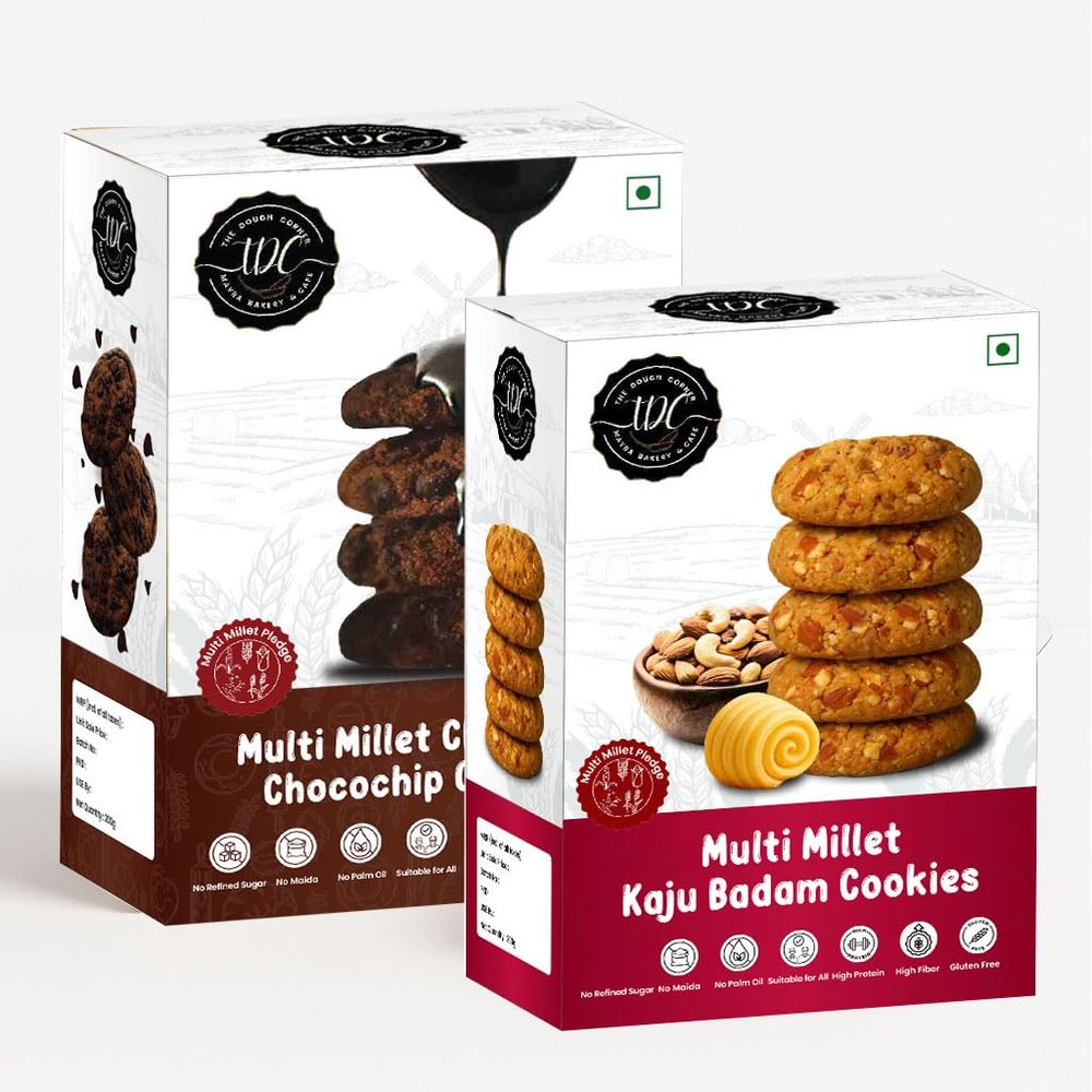 THE DOUGH CORNER Multi Millet Choco-Chip & Kaju Badam Cookies Combo | High Protein, Jaggery-Sweetened | No Maida, No Palm Oil, No Refined Sugar | Rich in Fiber | Gluten-Free Superfood Snack Pack of 2, 200Gm Each