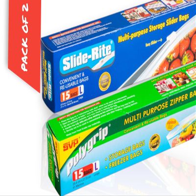 SVP Slide-Rite & polygrip Reusable Slider Bags - Plain & Writeable pannel- Multi-Purpose Storage Bag | Slide-Rite Combo Pack Sizes- (LARGE + LARGE) Slider Bags (Pack of 1 each)