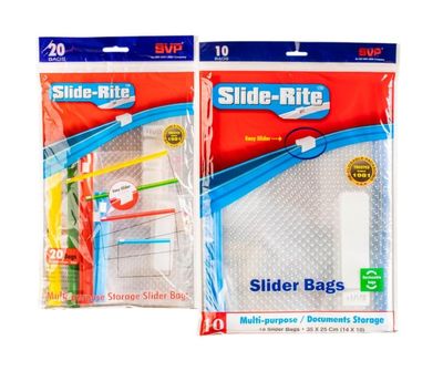 SVP Slide-Rite Reusable Slider Bags - Plain & Writeable pannel- Multi-Purpose Storage Bag | Slide-Rite Combo Pack Sizes - (SLIDER BAG MIX + SLIDER BAG DOCUMENTS) Polygrip ZIPLOCK Bags (Pack of 1 each)