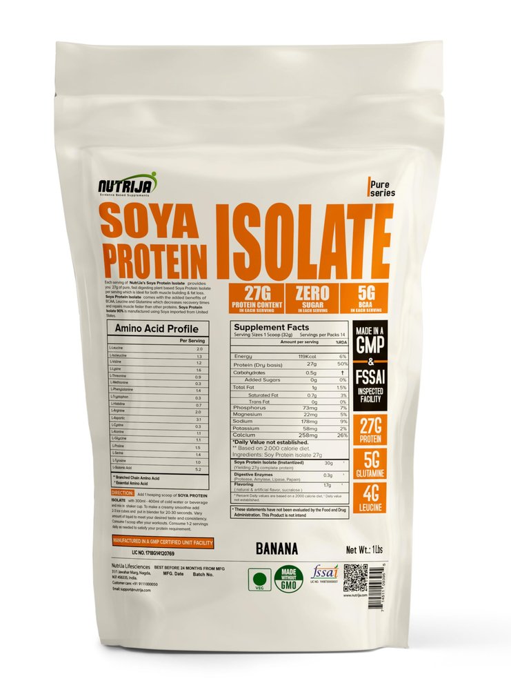 NutriJa Soya Protein Isolate 90% with Added Digestive Enzymes for Optimal Absorption | Vegan Plant Based Protein Powder | Non-GMO - 14 serving 1Lbs (Banana)