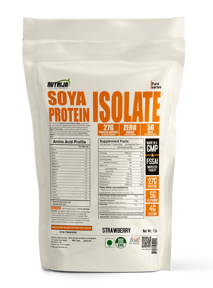 NutriJa Soya Protein Isolate 90% with Added Digestive Enzymes for Optimal Absorption | Vegan Plant Based Protein Powder | Non-GMO - 14 Serving 1Lbs (Strawberry)