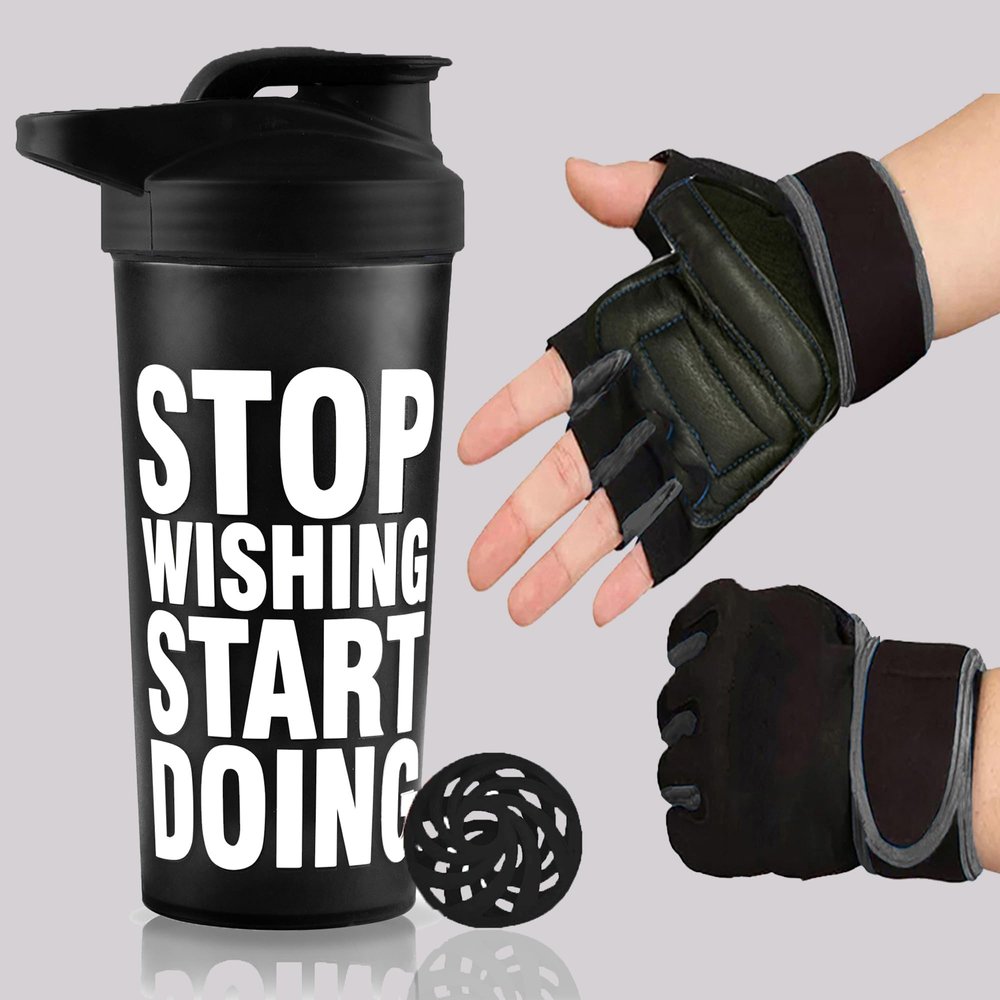 2025 NEW Gym Shaker Bottle and Gym Hand Gloves For Men and Women | Weightlifting Gloves | Powerlifting Gloves | Protein Shaker | Leakproof Shaker | 700ml Shaker | Wrist Support Gloves (White & Black)