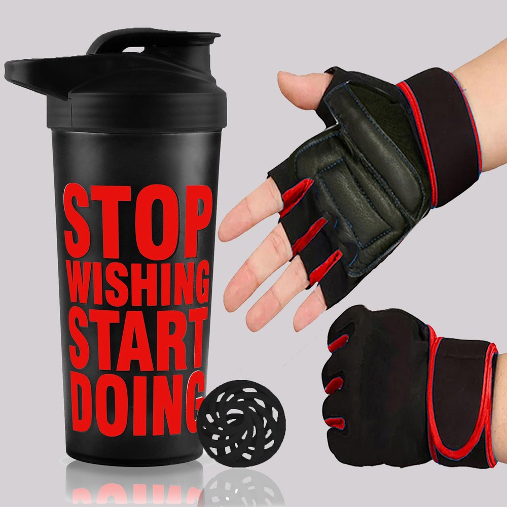 2025 NEW Gym Shaker Bottle and Gym Hand Gloves For Men and Women | Weightlifting Gloves | Powerlifting Gloves | Protein Shaker | Leakproof Shaker | 700ml Shaker | Wrist Support Gloves (Red)