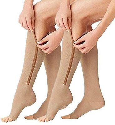 GIZEMY Zipper Medical Compression Socks Stockings with Open Toe Calf Support Best Stocking for Edema, Swollen, Nurses, Pregnancy, Recovery Leg Knee High Sports Length, Better Blood Circulation