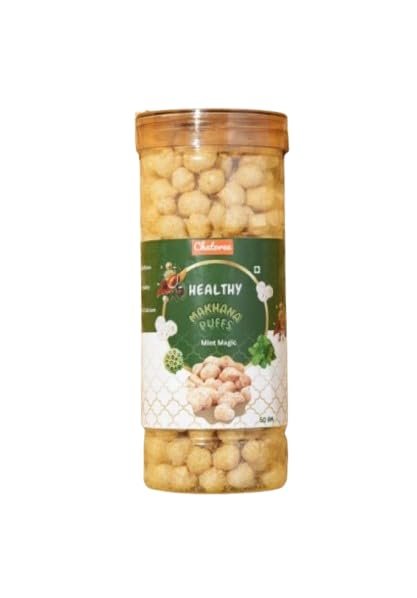 Chatoree Healthy Makhana Puffs | Mint Magic Flavor | Gluten-Free, Trans-Fat-Free Snack | No Cholesterol | Calcium-Rich Phool Makhana | 50g Jar, 50ml Storage Container (Pack of 1)