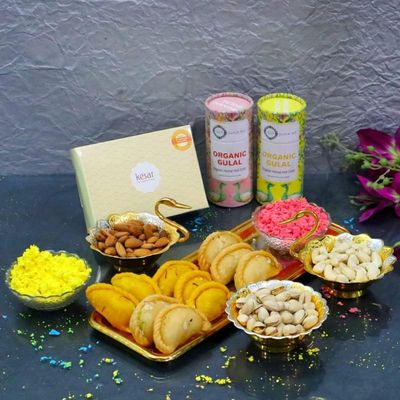Blessing Decor Complete Holi Celebration Gift Hamper | Pure and Natural Holi Colours pack of 2 | 10 Assorted Tasty Gujia and Swan Brass Bowl Gift Set filled with Dry fruits
