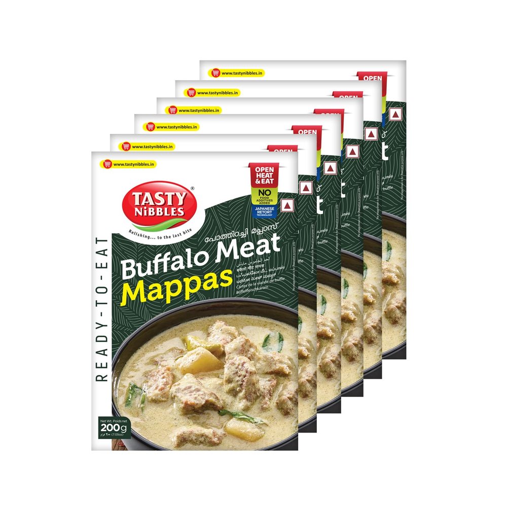 TASTY NIBBLES Ready to Eat Buffalo Meat MAPPAS 200GM Pouch| Kerala Special | Open Heat & Eat | Non-Vegetarian | No Added Preservatives | Japanese Retort Technology 200GM Pouch [Pack of 6]