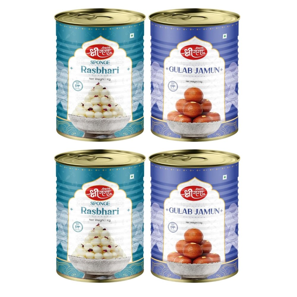 Bikaneri Shree Ganga Rasbhari 1Kg (Pack Of 2)& Gulab Jamun 1Kg (Pack Of 2) Combo - Delight in Authentic Indian Sweets, Perfect for Gifting, Festivals & Celebrations |