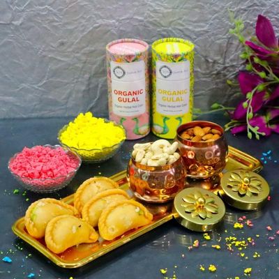 Blessing Decor Holi Combo Pack - Safe and Delicious Celebration with two Organic Gulal, 5 Gujia, and 2 Copper Finish Dryfruit Jars filled with Cashew & Almonds."