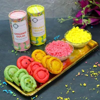 Blessing Decor Blissful Holi Pack with 2 Eco-Friendly Gulal and Tasty Chandrakala Sweets in 3 Fragrant Flavors (Rose, Pista, and Kesar).