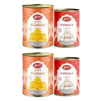 Bikaneri Shree Ganga Sweets Combo, 500gm (Pack Of 2) Spongy Rasgulla and 1kg (Pack Of 2) Rich Rajbhog, Traditional Bikaneri Sweets