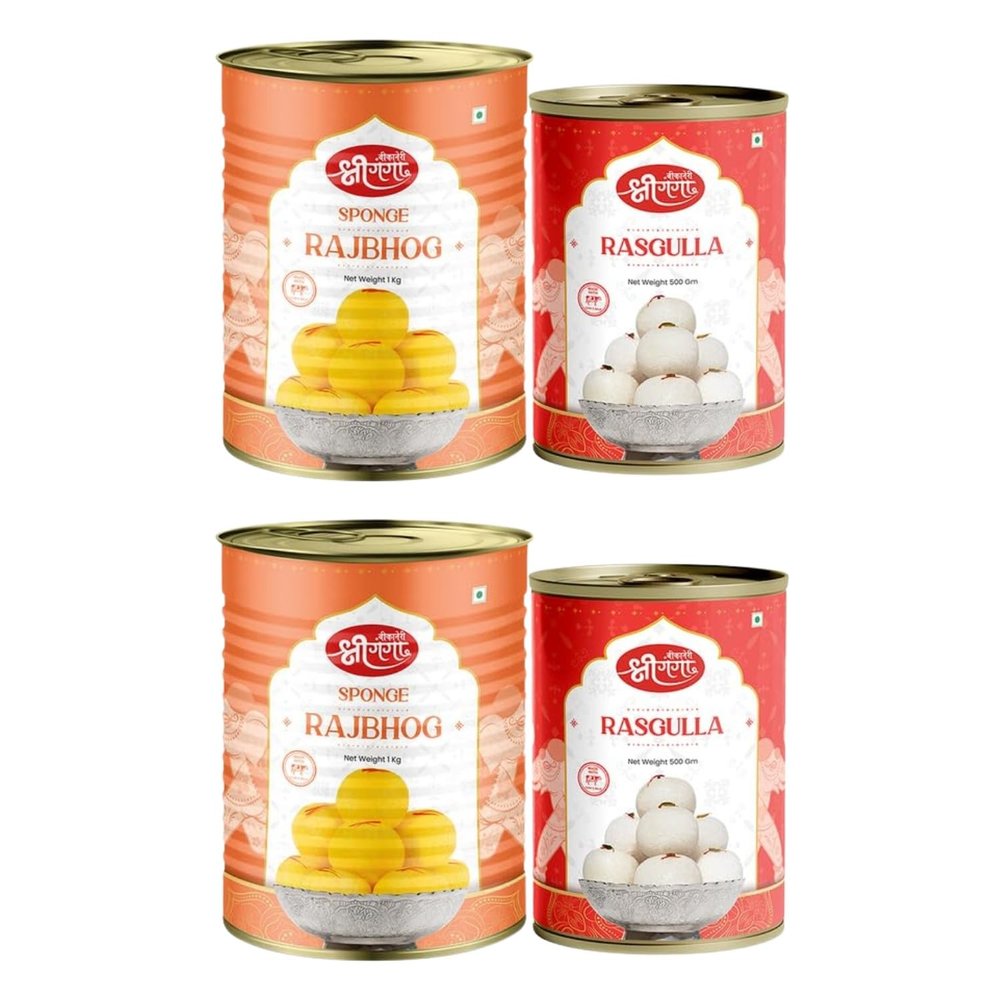 Bikaneri Shree Ganga Sweets Combo, 500gm (Pack Of 2) Spongy Rasgulla and 1kg (Pack Of 2) Rich Rajbhog, Traditional Bikaneri Sweets