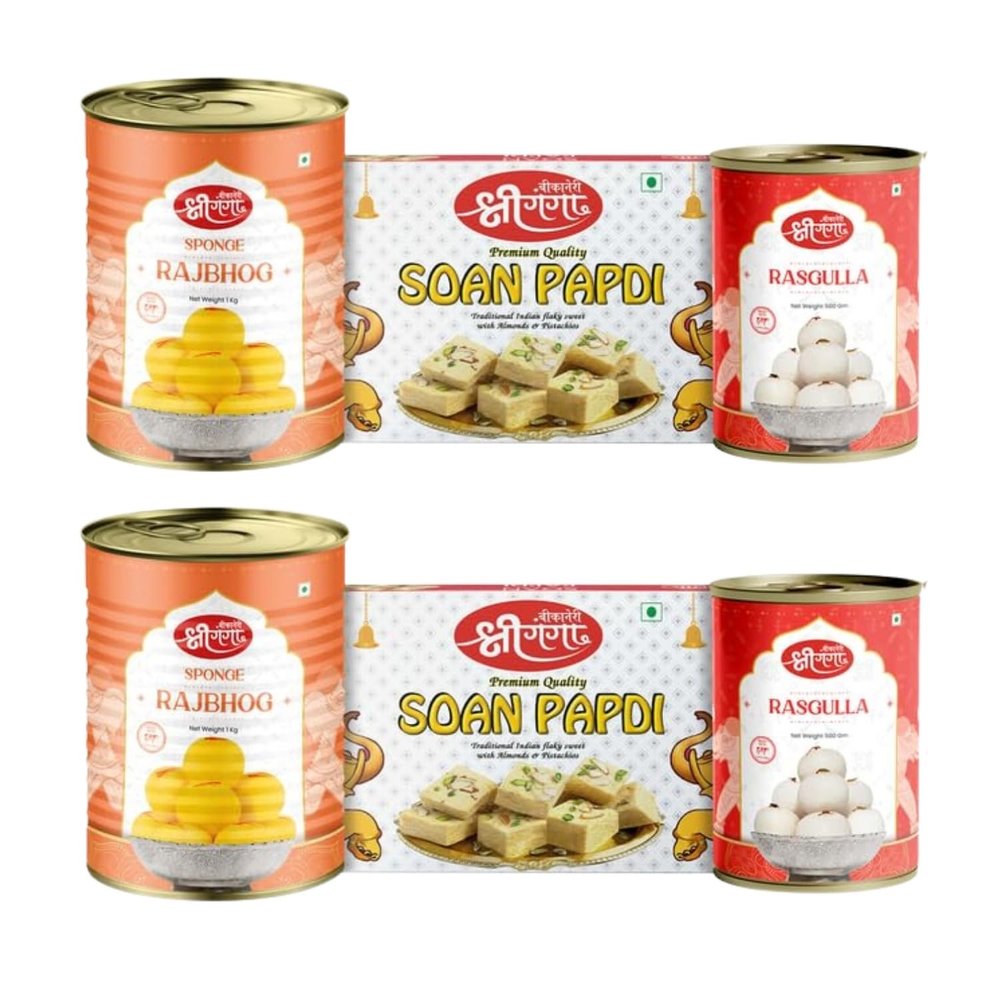 Bikaneri Shree Ganga sweets combo, 500gm Rashulla Pack of 2, 1Kg Rajbhog and 400gm (Pack Of 2) flaky Soan Papdi, traditional bikaneri sweets