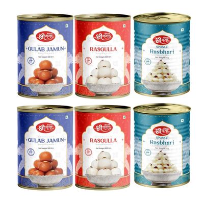 Bikaneri Shree Ganga Rasgulla 500Gm (Pack Of 2), Gulab Jamun 500Gm (Pack Of 2)& Rasbhari 1Kg (Pack Of 2) Combo - Savor a Delicious Trio of Indian Sweets, Perfect for Gifting and Celebrations