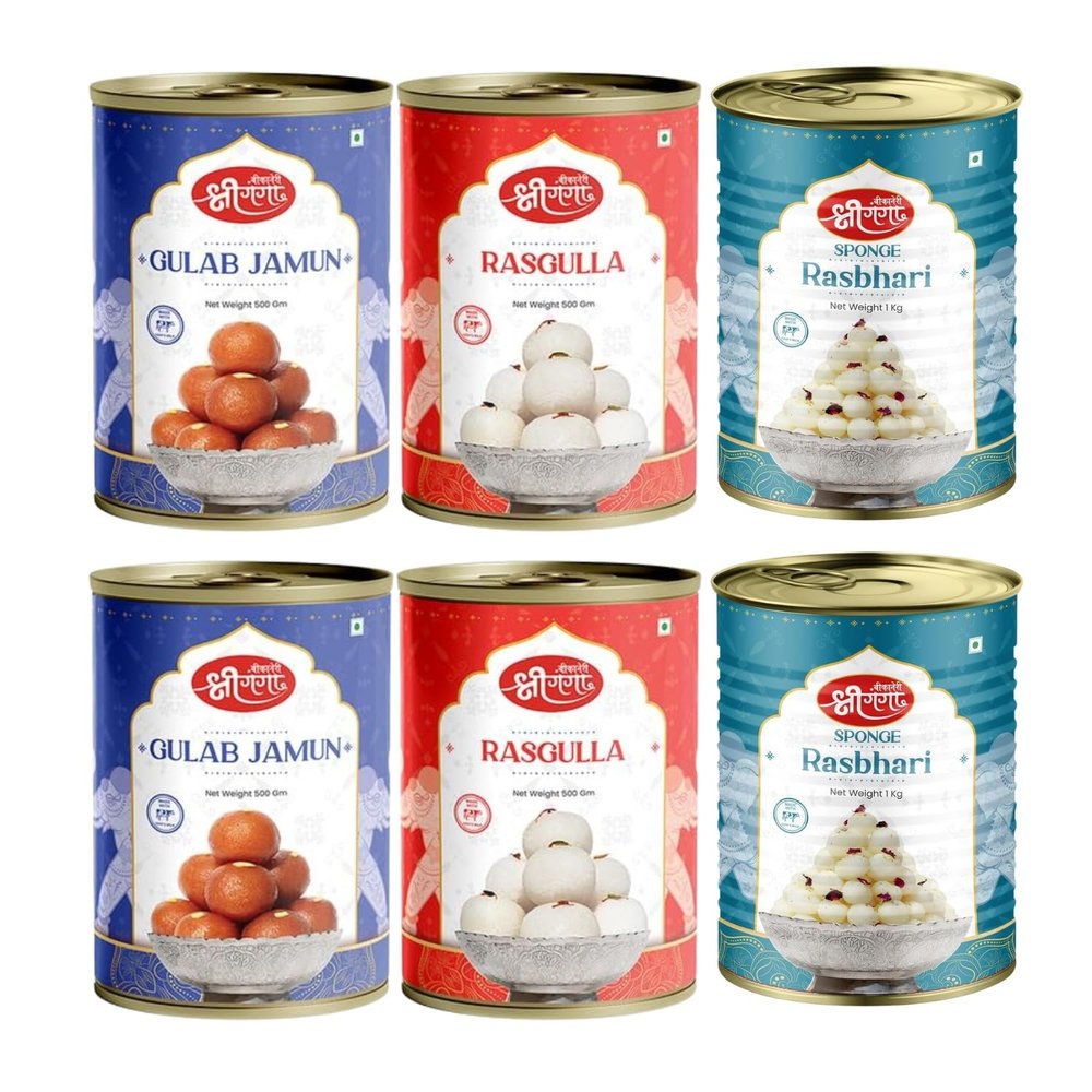 Bikaneri Shree Ganga Rasgulla 500Gm (Pack Of 2), Gulab Jamun 500Gm (Pack Of 2)& Rasbhari 1Kg (Pack Of 2) Combo - Savor a Delicious Trio of Indian Sweets, Perfect for Gifting and Celebrations