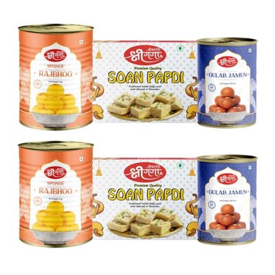 Bikaneri Shree Ganga sweets combo, 500gm Gulab Jamun Pack of 2, 1Kg Rajbhog and 400gm (Pack Of 2) flaky Soan Papdi, traditional bikaneri sweets