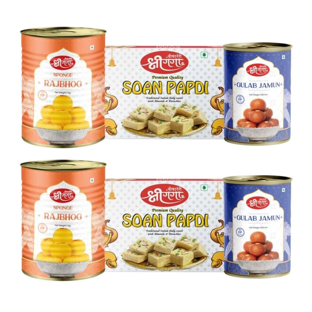 Bikaneri Shree Ganga sweets combo, 500gm Gulab Jamun Pack of 2, 1Kg Rajbhog and 400gm (Pack Of 2) flaky Soan Papdi, traditional bikaneri sweets