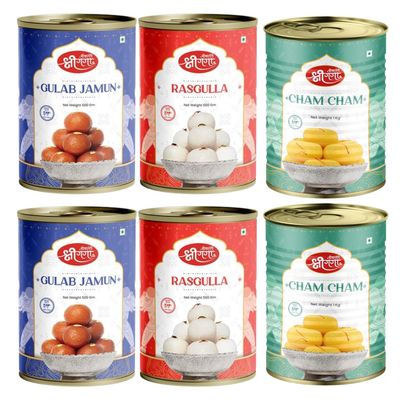 Bikaneri Shree Ganga Rasgulla 500Gm (Pack Of 2), Gulab Jamun 500Gm (Pack Of 2)& Cham Cham 1Kg (Pack Of 2) Combo - Enjoy a Festive Collection of Indian Sweets, Perfect for Gifting