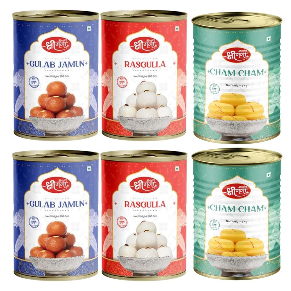 Bikaneri Shree Ganga Rasgulla 500Gm (Pack Of 2), Gulab Jamun 500Gm (Pack Of 2)& Cham Cham 1Kg (Pack Of 2) Combo - Enjoy a Festive Collection of Indian Sweets, Perfect for Gifting