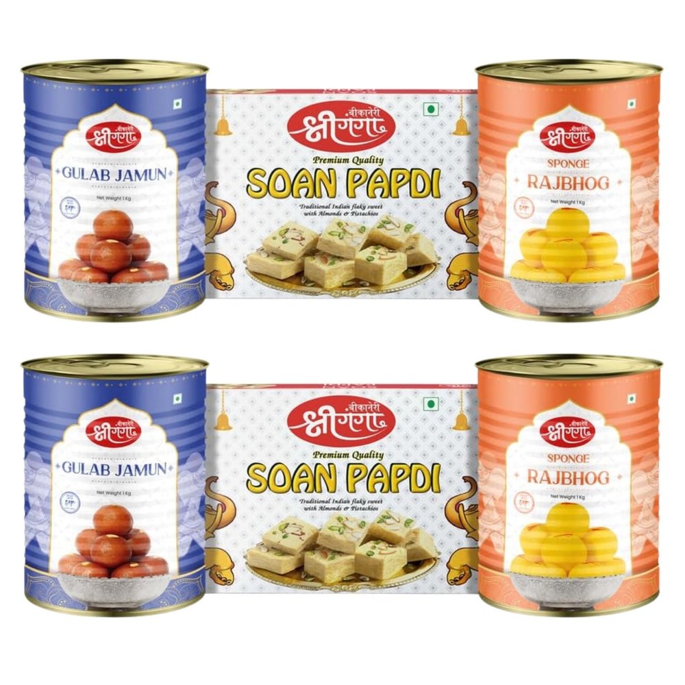 Bikaneri Shree Ganga sweets combo, 1kg soft gulab jamun (Pack Of 2), 400gm flaky Soan Papdi (Pack Of 2), and 1kg rich rajbhog (Pack Of 2), traditional bikaneri sweets
