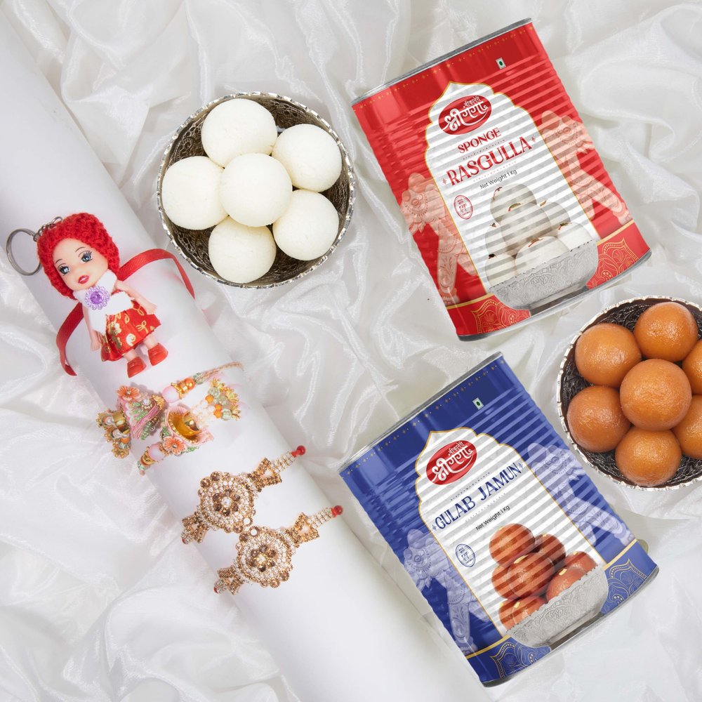 Bikaneri Shree Ganga Rakhi and Sweets Combo, 4 Rakhis, 1 Kids Rakhi, Soft Gulabjamun, Spongy Rasgulla Gift Box