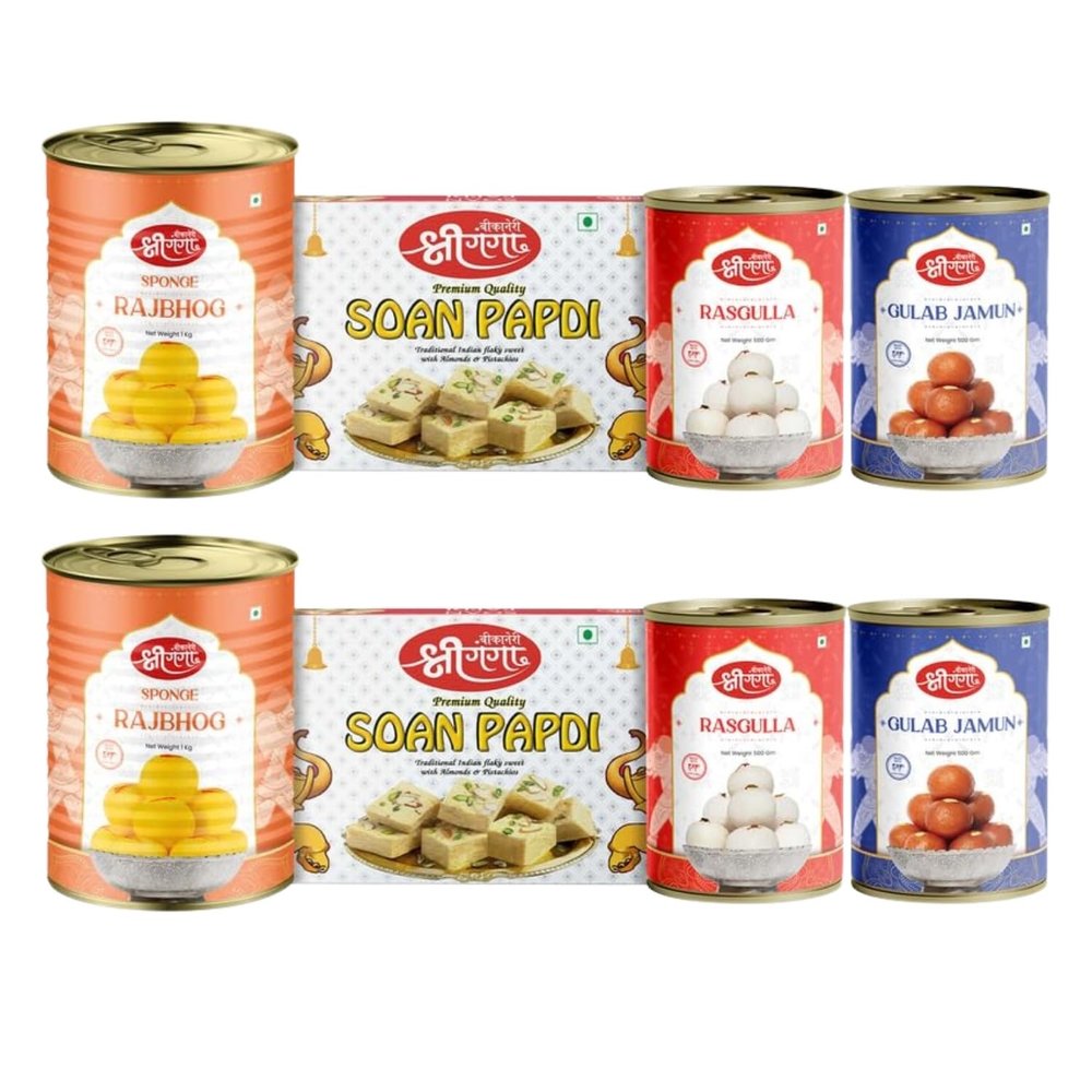 Bikaneri Shree Ganga sweets combo, 500g (Pack Of 2) Gulab Jamun, 500gm (Pack Of 2) Rashulla, 1Kg (Pack Of 2) Rajbhog and 400gm (Pack Of 2) flaky Soan Papdi, traditional bikaneri sweets