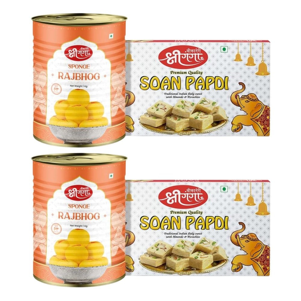 Bikaneri Shree Ganga Sweets Combo, 1kg (Pack Of 2) Spongy Rajbhog and 400gm (Pack Of 2) Flaky Soan Papdi, Traditional Bikaneri Sweets