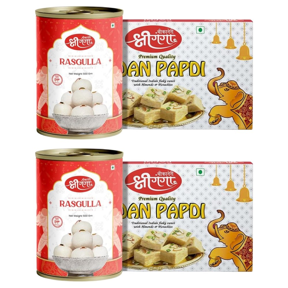 Bikaneri Shree Ganga Sweets Combo, 400 gm (Pack Of 2) Flaky Soan Papdi and 500gm (Pack Of 2) Spongy Rasgulla, Traditional Bikaneri Sweets