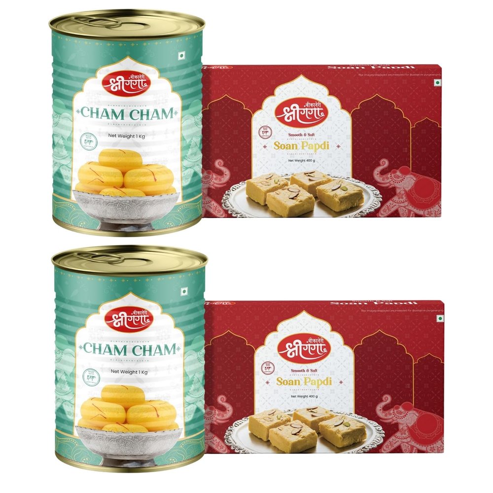 Bikaneri Shree Ganga Cham Cham 1Kg (Pack Of 2) & Soan Papdi 400Gm (Pack Of 2) Combo - Relish a Tasty Combination of Indian Sweets, Perfect for Gifting, Festivals & Celebrations