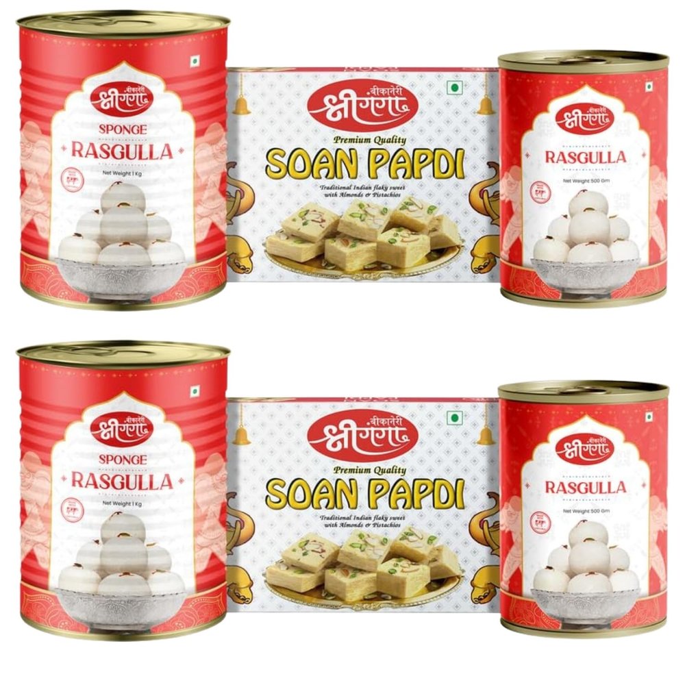 Bikaneri Shree Ganga sweets combo, 1kg spongy Rasgulla(Pack Of 2), 500gm spongy Rasgulla(Pack Of 2), and 400gm flaky Soan Papdi(Pack Of 2), traditional bikaneri sweets