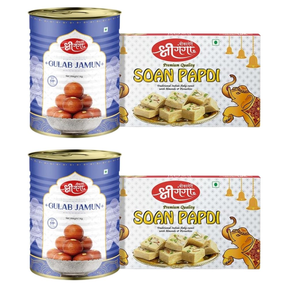Bikaneri Shree Ganga Sweets Combo, 400gm (Pack Of 2) Flaky Soan Papdi and 1kg (Pack Of 2) Soft Gulab Jamun, Traditional Bikaneri Sweets