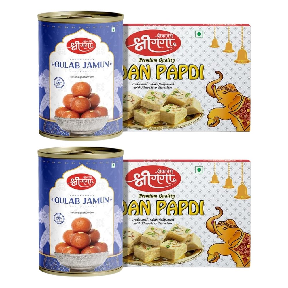 Bikaneri Shree Ganga Sweets Combo, 400gm (Pack Of 2) Flaky Soan Papdi and 500gm (Pack Of 2) Soft Gulab Jamun, Traditional Bikaneri Sweets