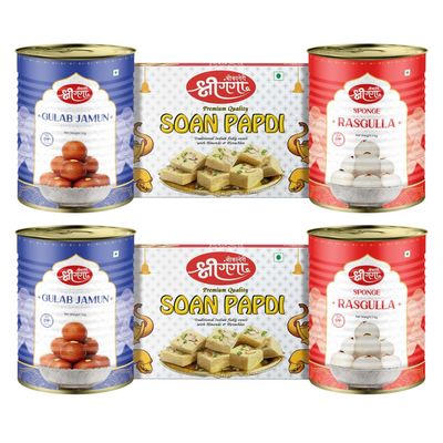 Bikaneri Shree Ganga sweets combo, 1kg spongy rasgulla (Pack Of 2), 1kg soft gulab jamun (Pack Of 2), and 400gm (Pack Of 2) flaky soan papdi, traditional bikaneri sweets