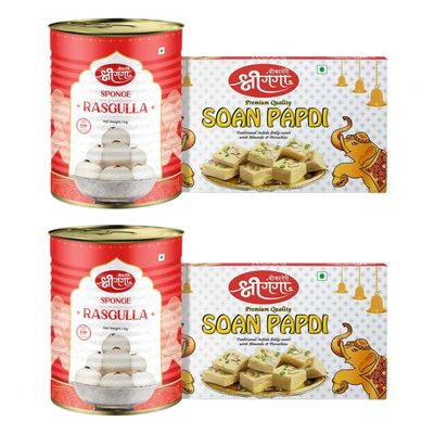 Bikaneri Shree Ganga Sweets Combo, 400gm (Pack Of 2) Flaky Soan Papdi and 1kg (Pack Of 2) Spongy Rasgulla, Traditional Bikaneri Sweets