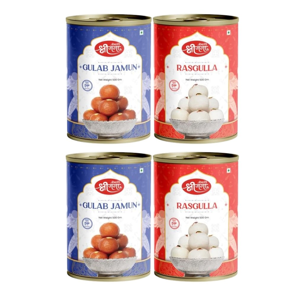 Bikaneri Shree Ganga Spongy (Rasgulla 500g 10 Pieces) pack Of 2, (Gulab Jamun 500g 8 Pieces) pack Of 2 Tin Combos, Traditional Bikaneri Sweet, Bikaneri Mithai, Shahi Sweet Delicacy,