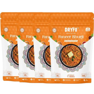 Dryfii Ready-to-Eat Jain Paneer Bhurji | Pack of 4 | Instant Indian Food | Freeze-Dried | Pure Veg | No Onion No Garlic | Just Add Hot Water | Travel Friendly | Rehydrated meal weight 920g