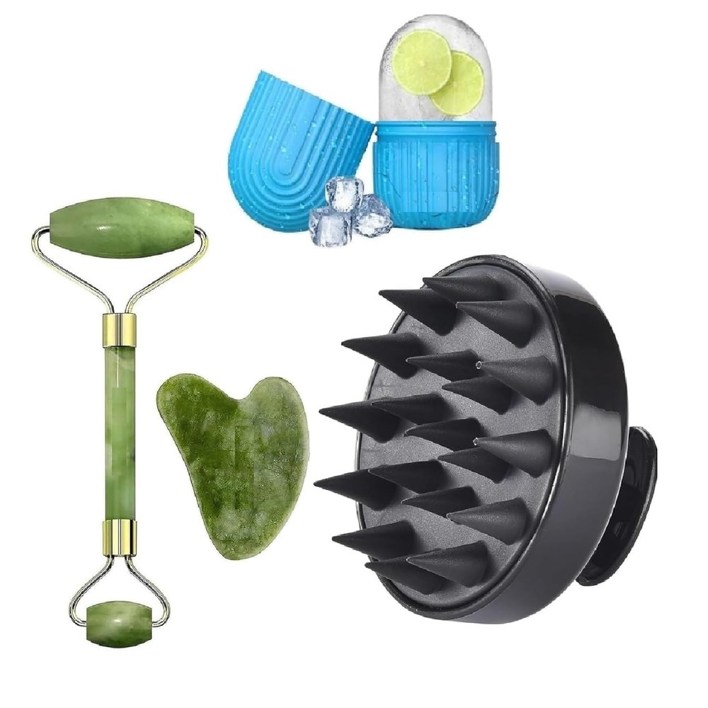 Facial Massager Jade Roller & Gua Sha Tool Natural Himalayan Stone For Face Neck Healing Skin Wrinkles & Serum Application Hair Scalp & Ice Massager Combo Offer (Multy Coloured) - Pack Of 4