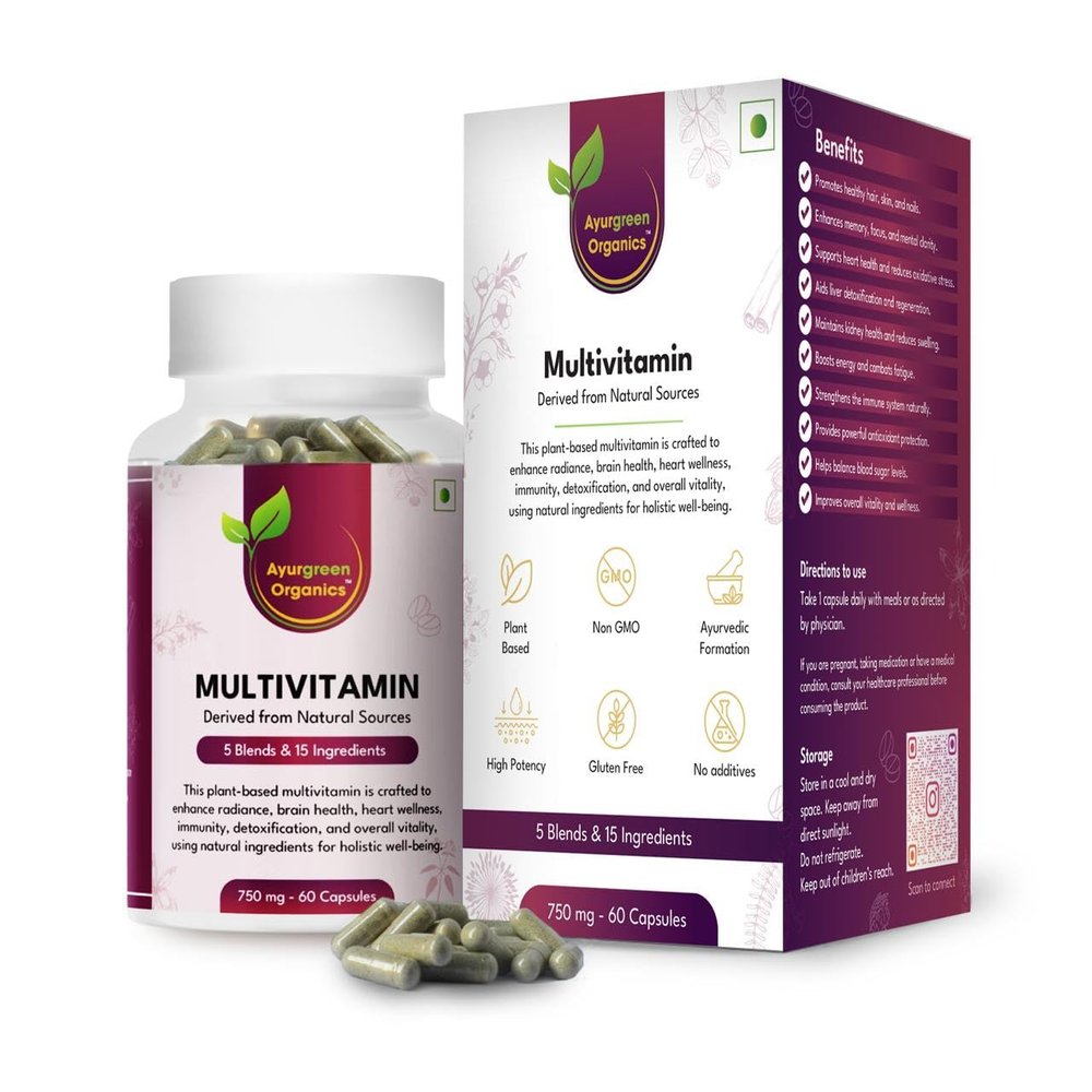 Ayurgreen Organics Multivitamin 750mg | 60 Veg Capsules | 5 Blends with 15 Natural Ingredients | Plant-Based Ayurvedic Formula | Non-GMO, Gluten-Free, No Additives, High Potency