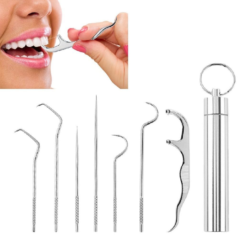 JEJDA Dental Tools, 7 in 1 Stainless Steel Teeth Cleaning Tool Kit, Stainless Steel Toothpicks Teeth Cleaning Picks Flosser for Teeth Braces Cleaning Tools Reuseable Toothpicks Oral Care
