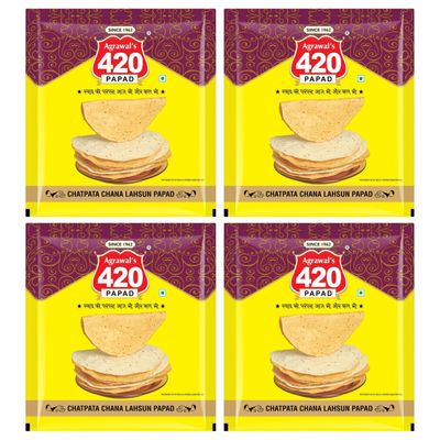 Agrawal's 420 Chatpata Chana Lahsun Papad (Buy One Get One) | 100% Vegetarian, No Artificial Colors | Crispy & Crunchy Side for Meals & Snacks | Pack of 4, 800g (200g each pack)