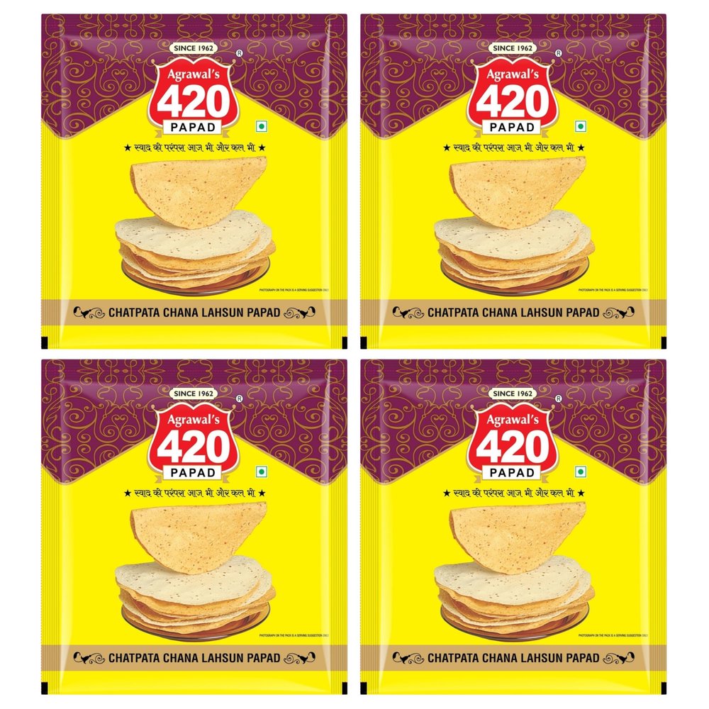 Agrawal's 420 Chatpata Chana Lahsun Papad (Buy One Get One) | 100% Vegetarian, No Artificial Colors | Crispy & Crunchy Side for Meals & Snacks | Pack of 4, 800g (200g each pack)