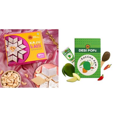 GO DESi Premium Kaju Katli 200 grams, 61% Cashews & Kaccha Aam Popz 40 Pieces Combo